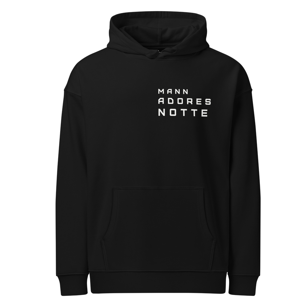 Front view of Backheart Oversized Hoodie by Mann Adores Notte