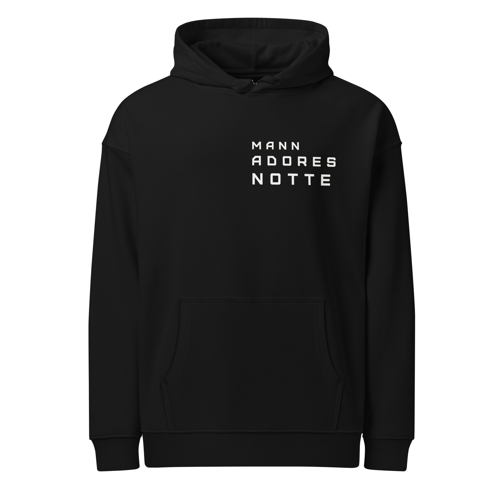 Front view of Backheart Oversized Hoodie by Mann Adores Notte