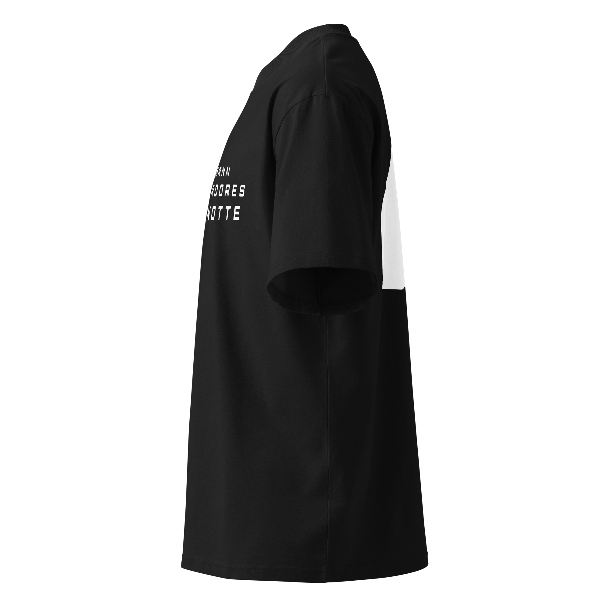 Left side view of Backheart Oversized T-shirt by Mann Adores Notte