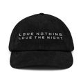 Front view of Love Nothing. Love The Night. Corduroy Cap by Mann Adores Notte