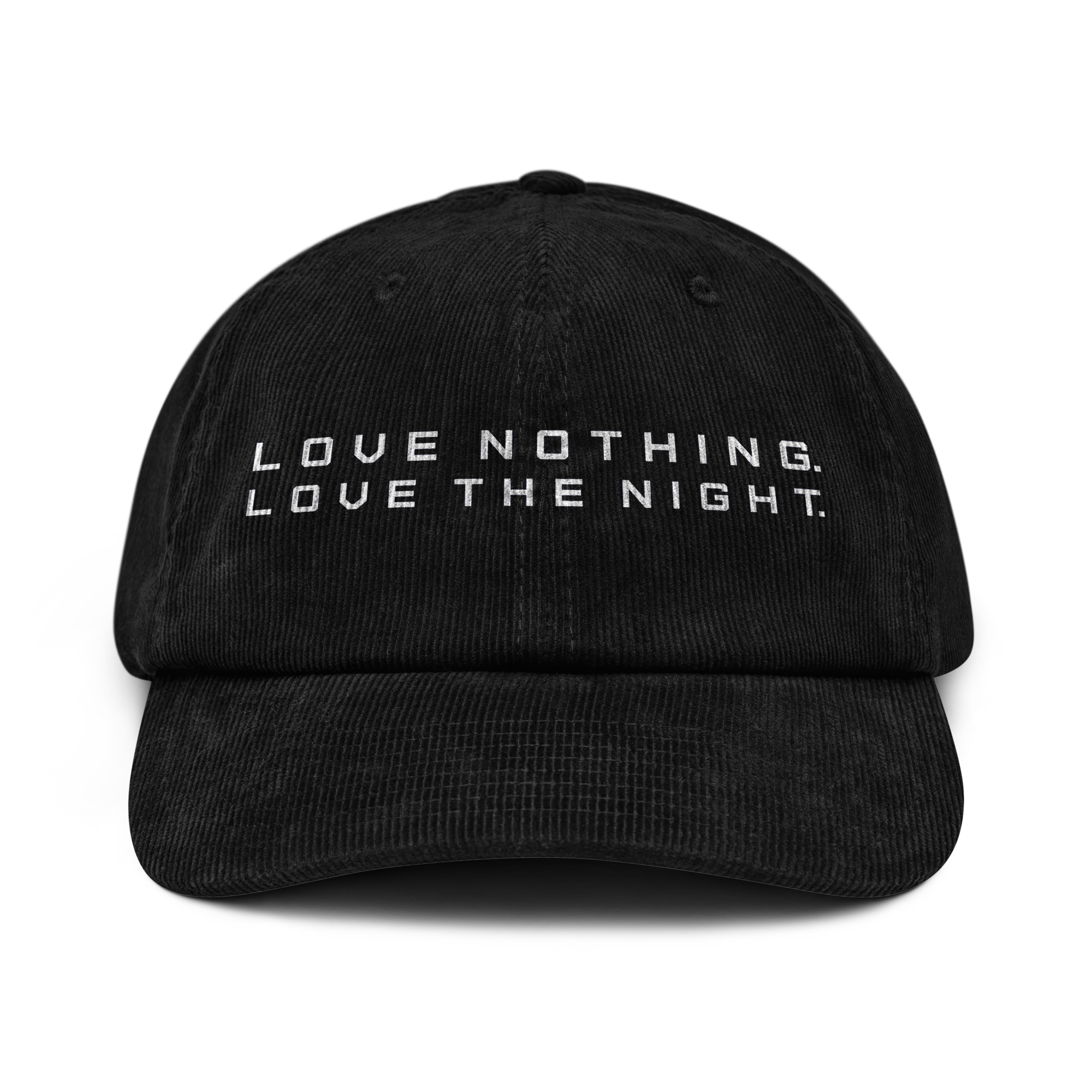 Front view of Love Nothing. Love The Night. Corduroy Cap by Mann Adores Notte