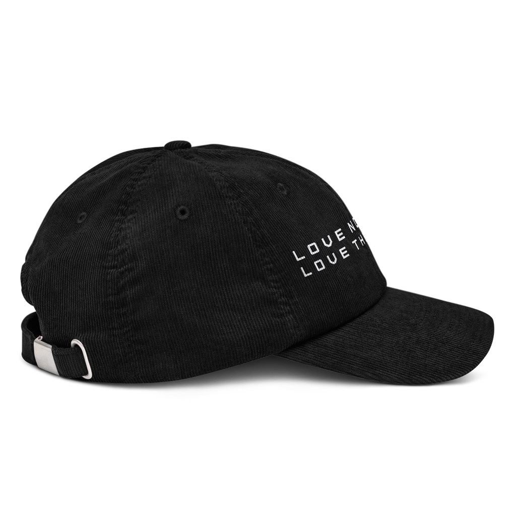 Right side view of Love Nothing. Love The Night. Corduroy Cap by Mann Adores Notte