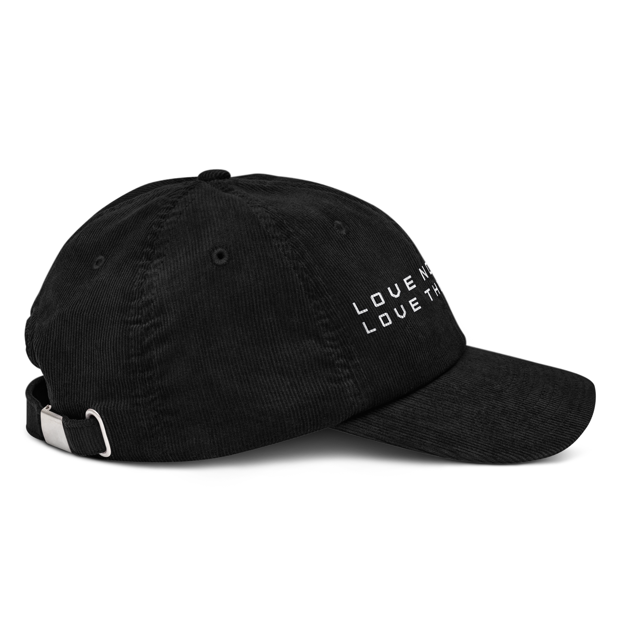 Right side view of Love Nothing. Love The Night. Corduroy Cap by Mann Adores Notte