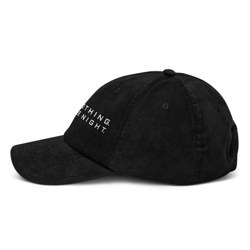 Left side view of Love Nothing. Love The Night. Corduroy Cap by Mann Adores Notte