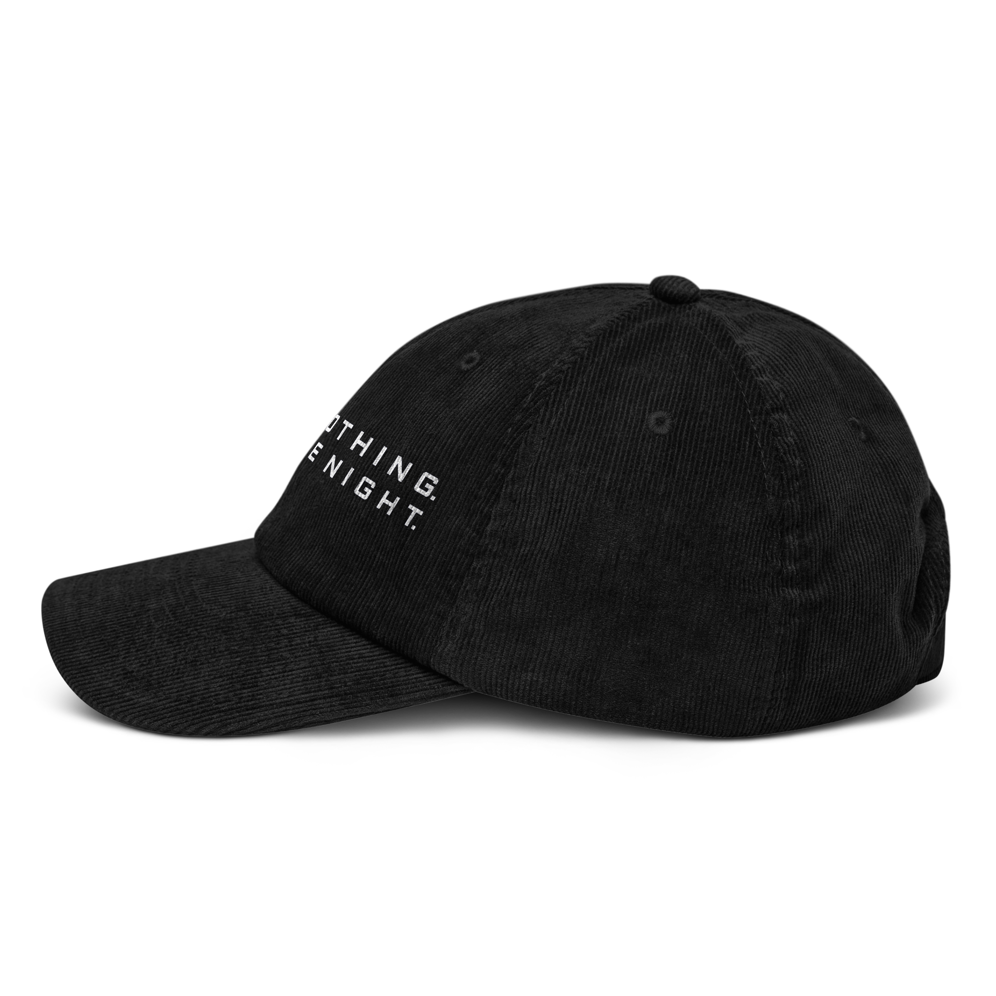 Left side view of Love Nothing. Love The Night. Corduroy Cap by Mann Adores Notte