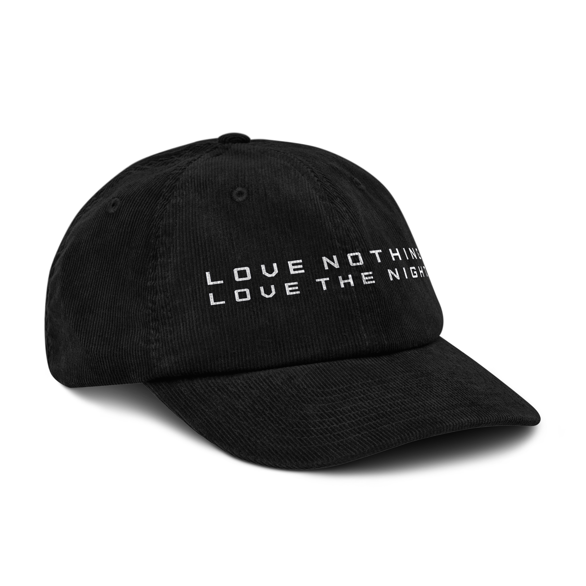 Front right view of Love Nothing. Love The Night. Corduroy Cap by Mann Adores Notte