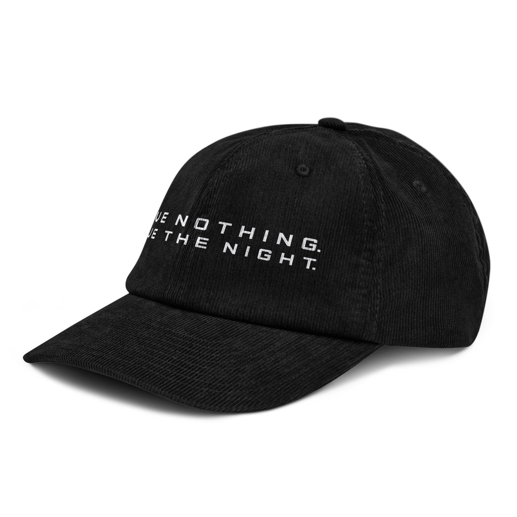 Front left view of Love Nothing. Love The Night. Corduroy Cap by Mann Adores Notte