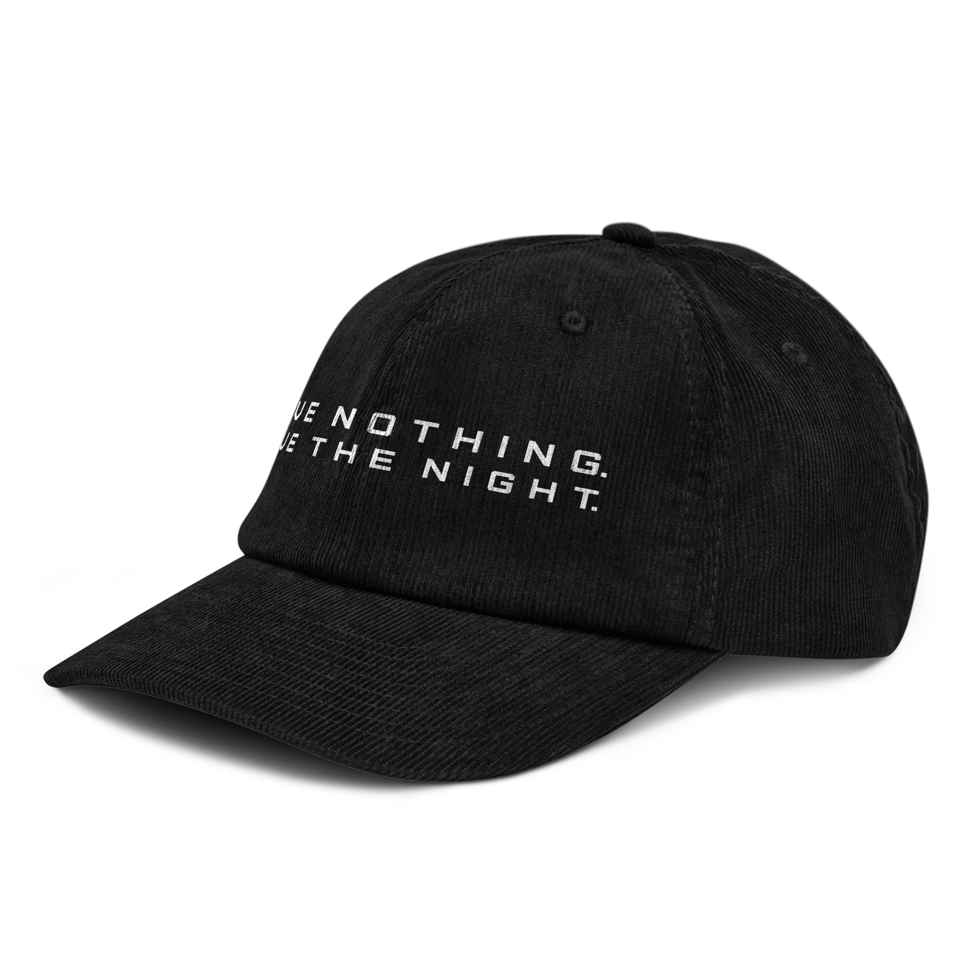 Front left view of Love Nothing. Love The Night. Corduroy Cap by Mann Adores Notte