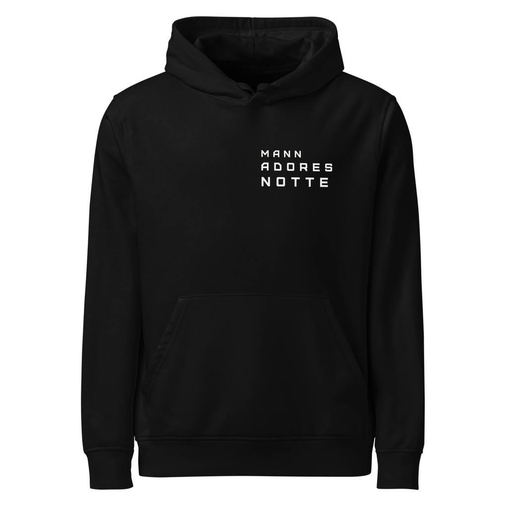 Front view of Mann Adores Notte Signature Hoodie by Mann Adores Notte