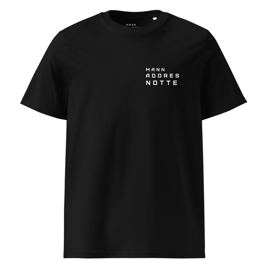 Front view of Mann Adores Notte Signature T-shirt