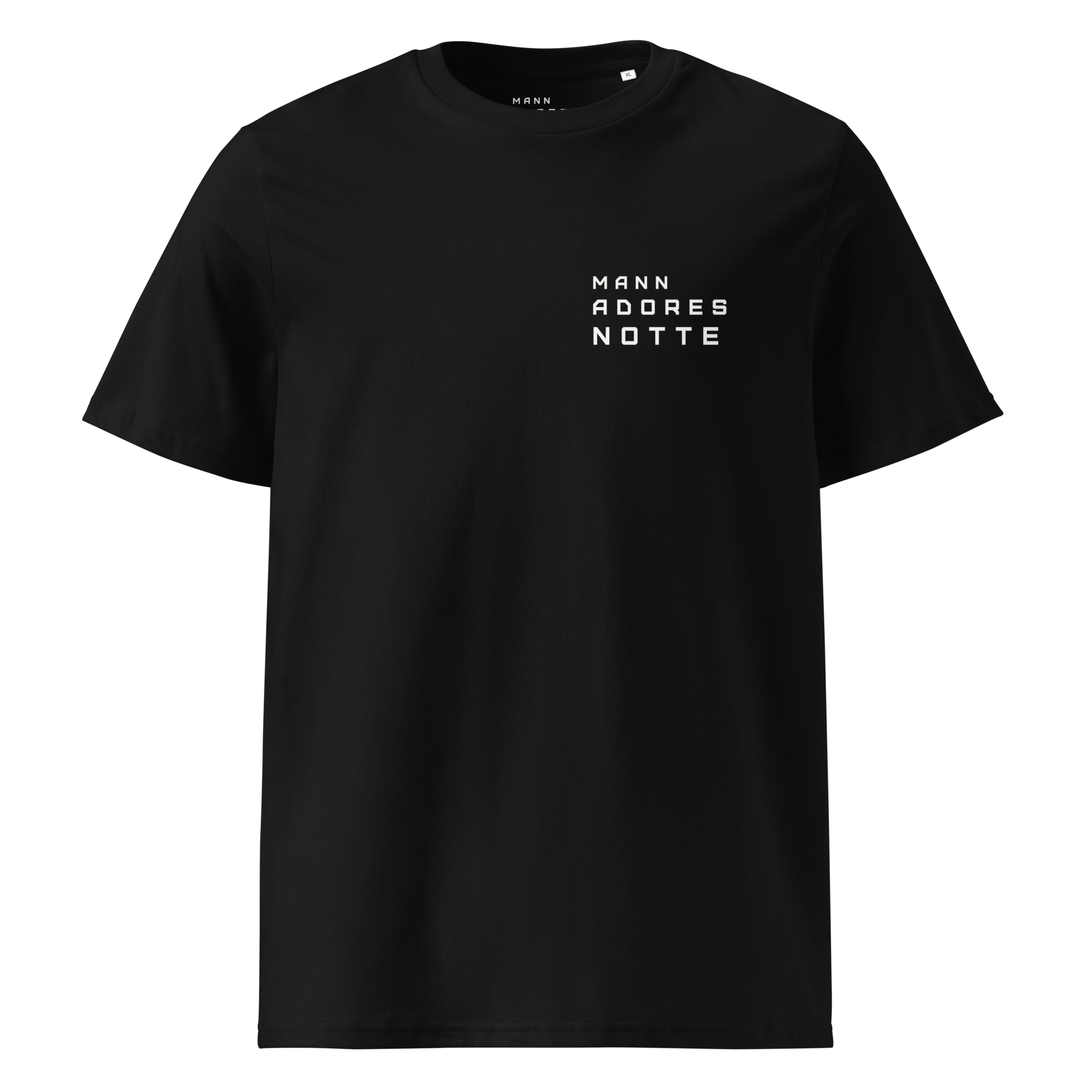 Front view of Mann Adores Notte Signature T-shirt