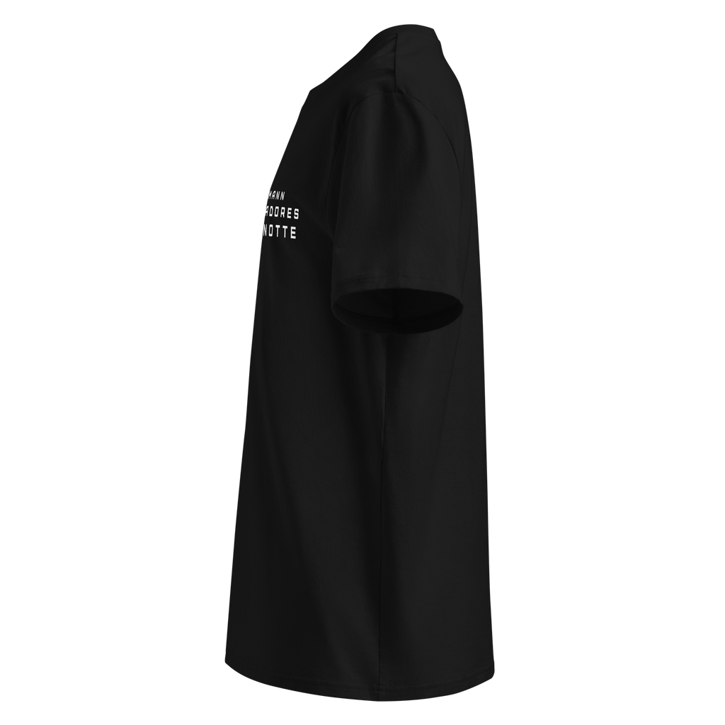 Left side view of Mann Adores Notte Signature T-shirt