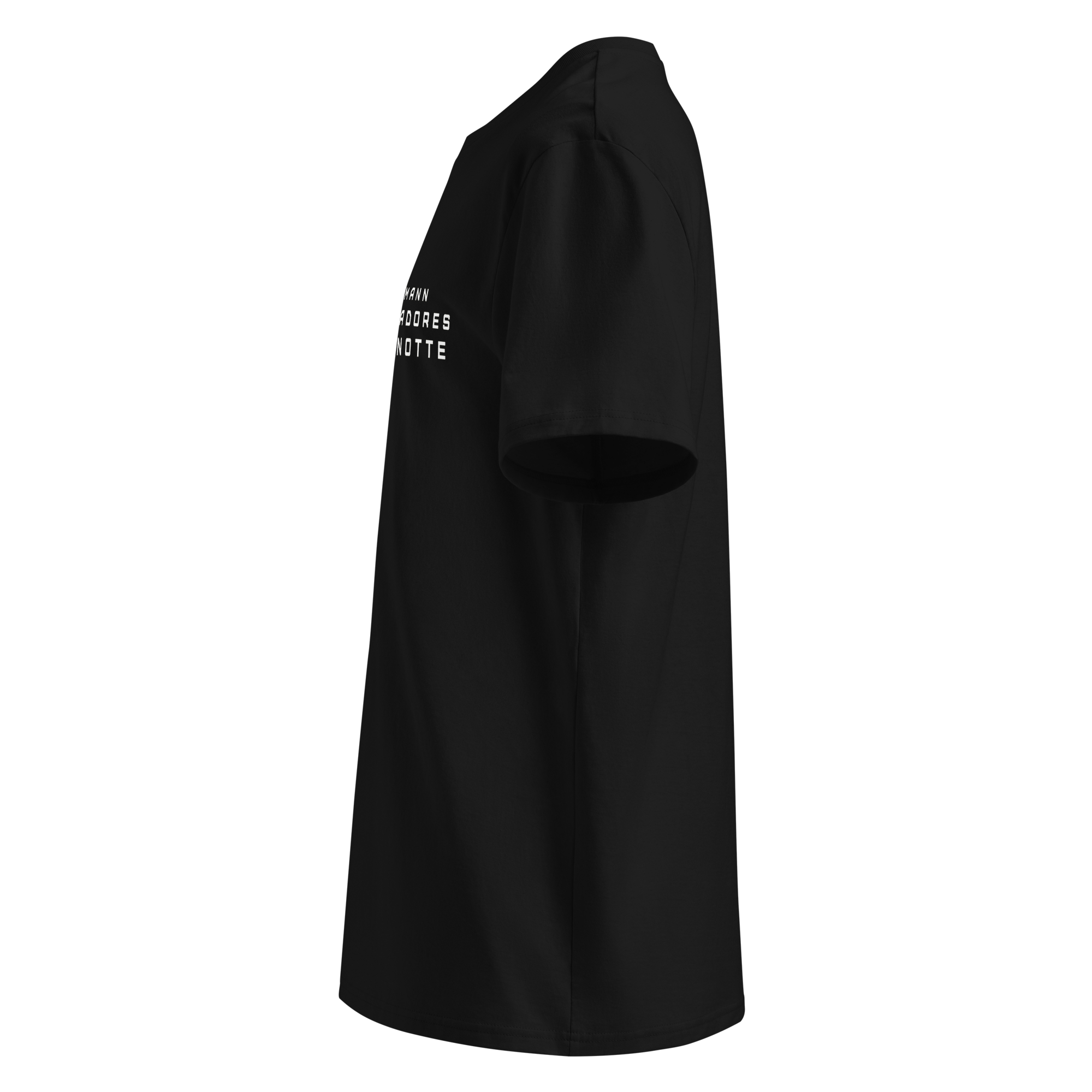 Left side view of Mann Adores Notte Signature T-shirt