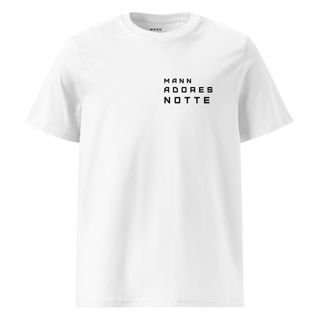Front view of Mann Adores Notte Signature T-shirt White