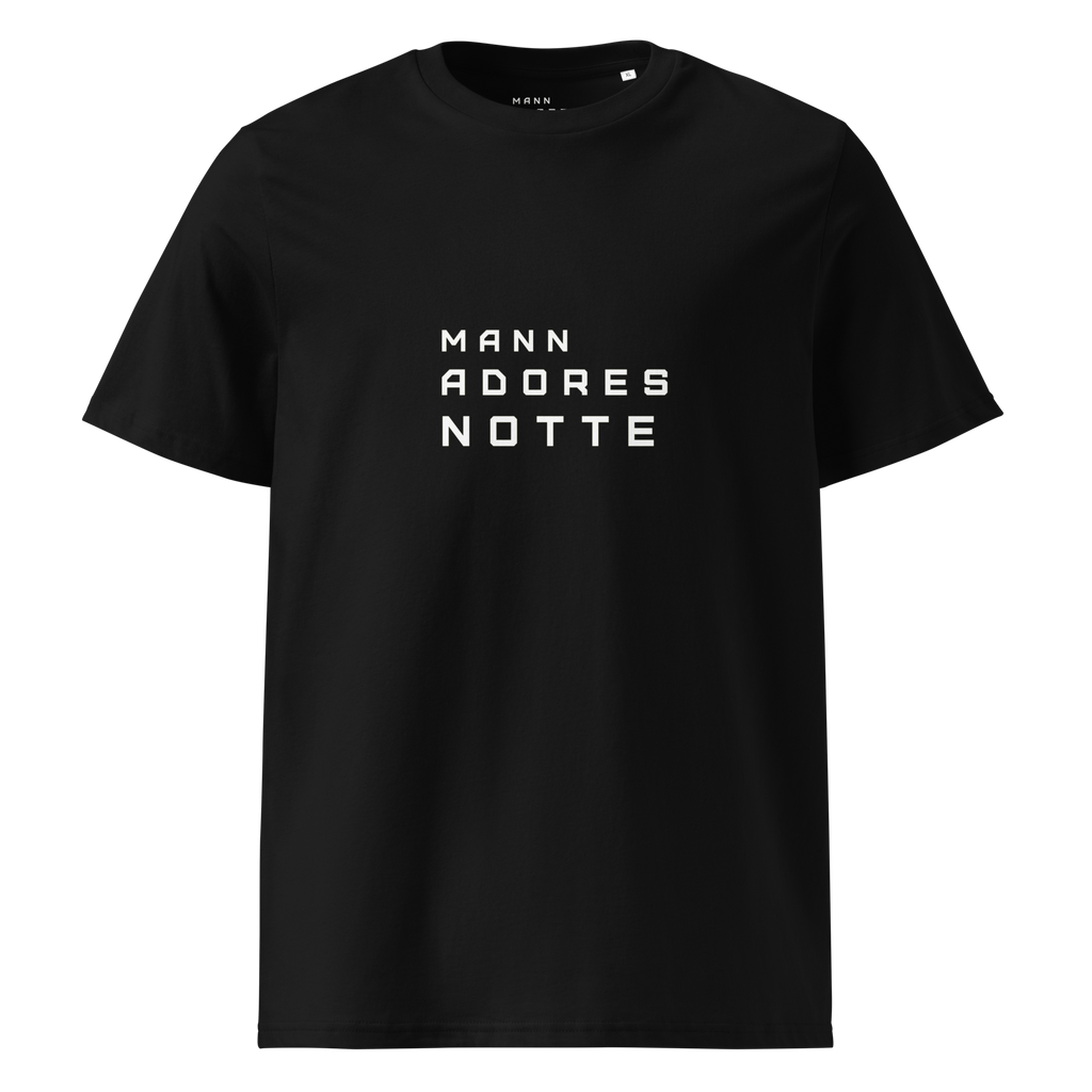 Front view of Mann Adores Notte T-shirt by Mann Adores Notte