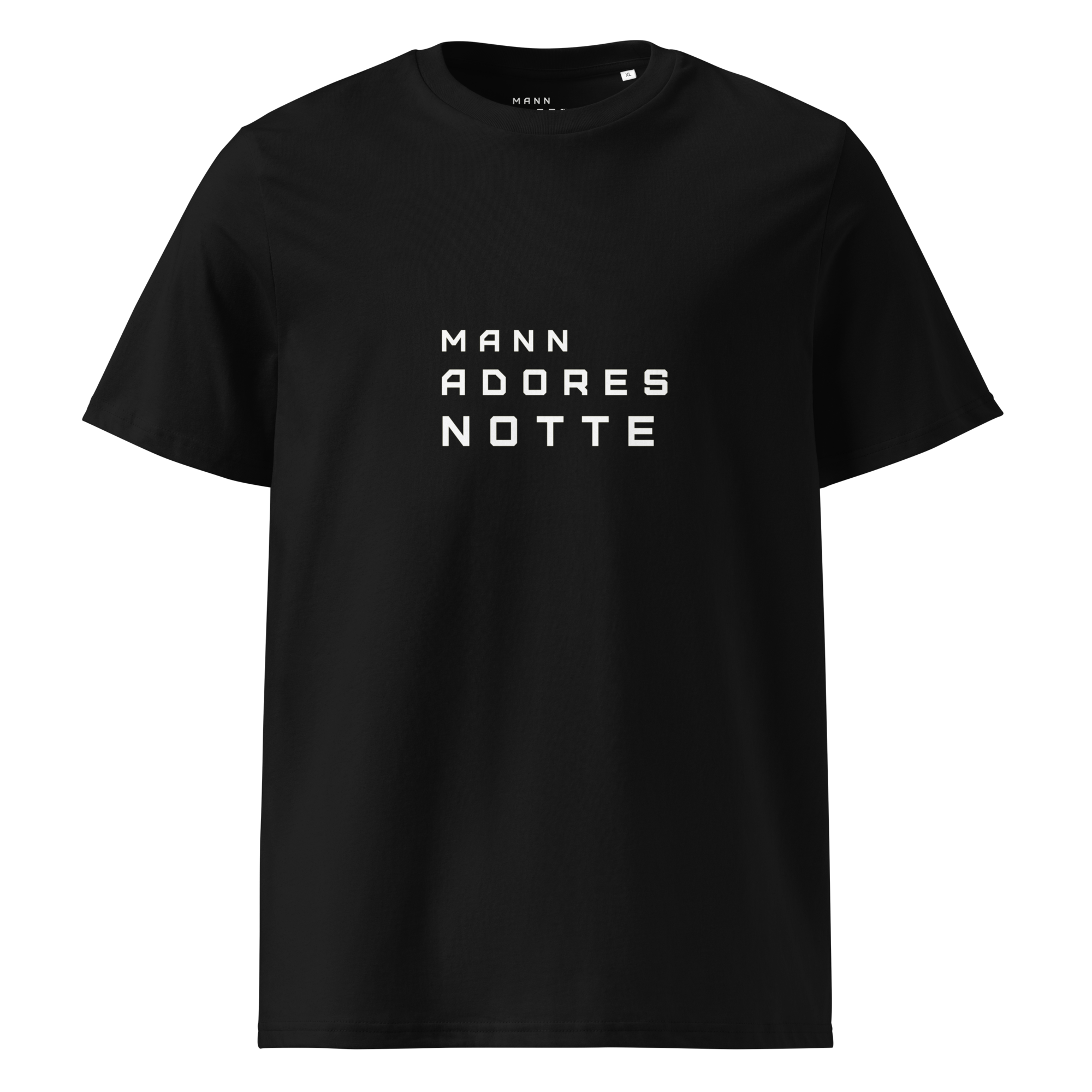 Front view of Mann Adores Notte T-shirt by Mann Adores Notte